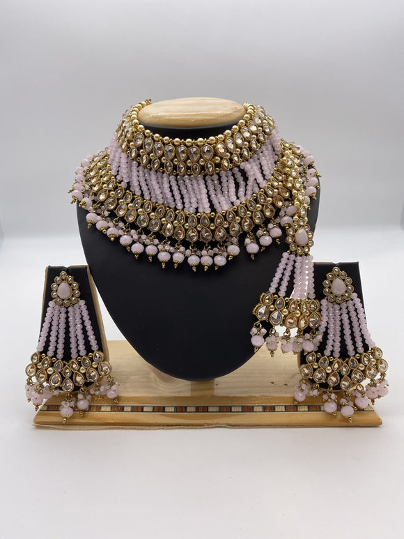 Full Coverage Choker Set with Lilac Pink Beads with Big Earrings and Tikka