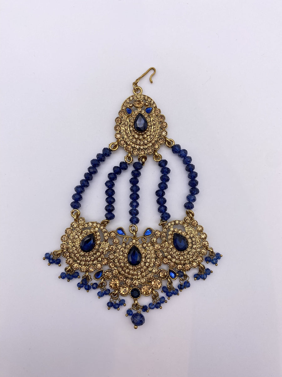 Navy Blue Rhinestones Jhumar with Crystal Beads