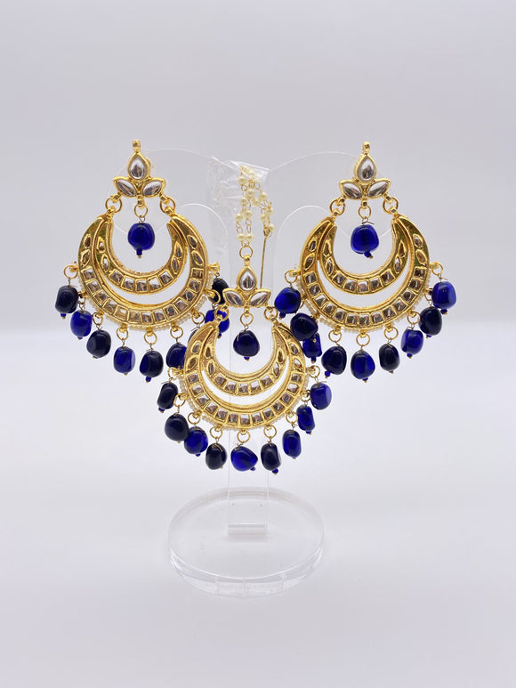 Kundan Earrings - Navy and Royal Blue Beads with Off-White Pearls