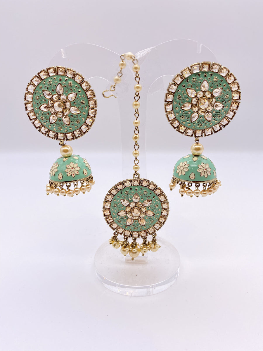 Kundan Earrings Mint Green Embelishment with Ivory Pearls with