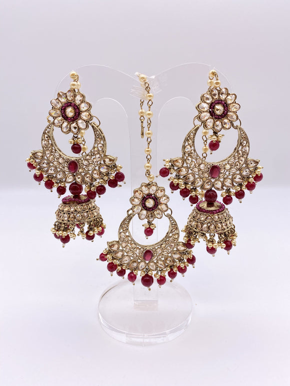 Kundan Earrings - Cherry Red Stone Beads and Large Ivory Pearls - with Tikka in Antique Gold Base
