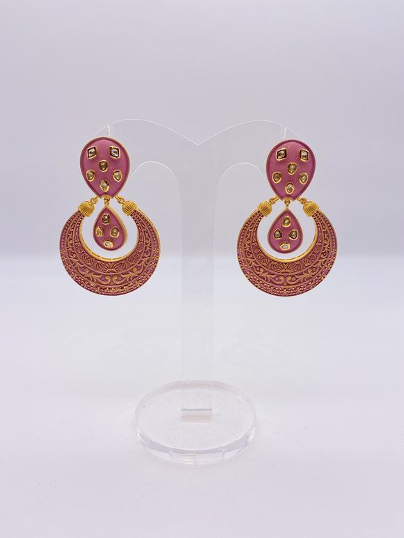Kundan Earrings - Baby Pink Matte Coat with Gold Meenakari Embelishment