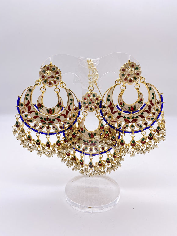 Kundan Earrings - Royal Blue Beadwork and Small White Pearls - with Tikka