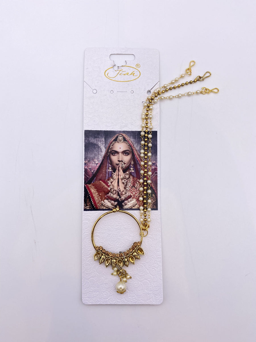 Antique Gold Nose Ring with Kundan Style Gem Stones Rangoli