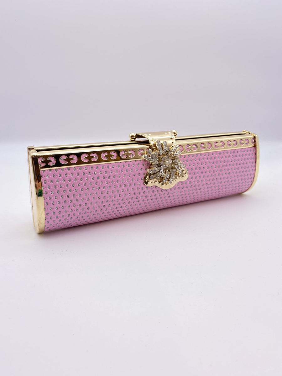 Party Clutch Bag Baby Pink Base Silver Rhinestones Glitter