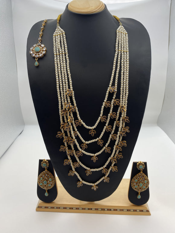 Rani Haar Royalty Collection - Ferozi (Aqua Green) Stones, Five Tier Nine Lakha Haar with Tikka and Earrings
