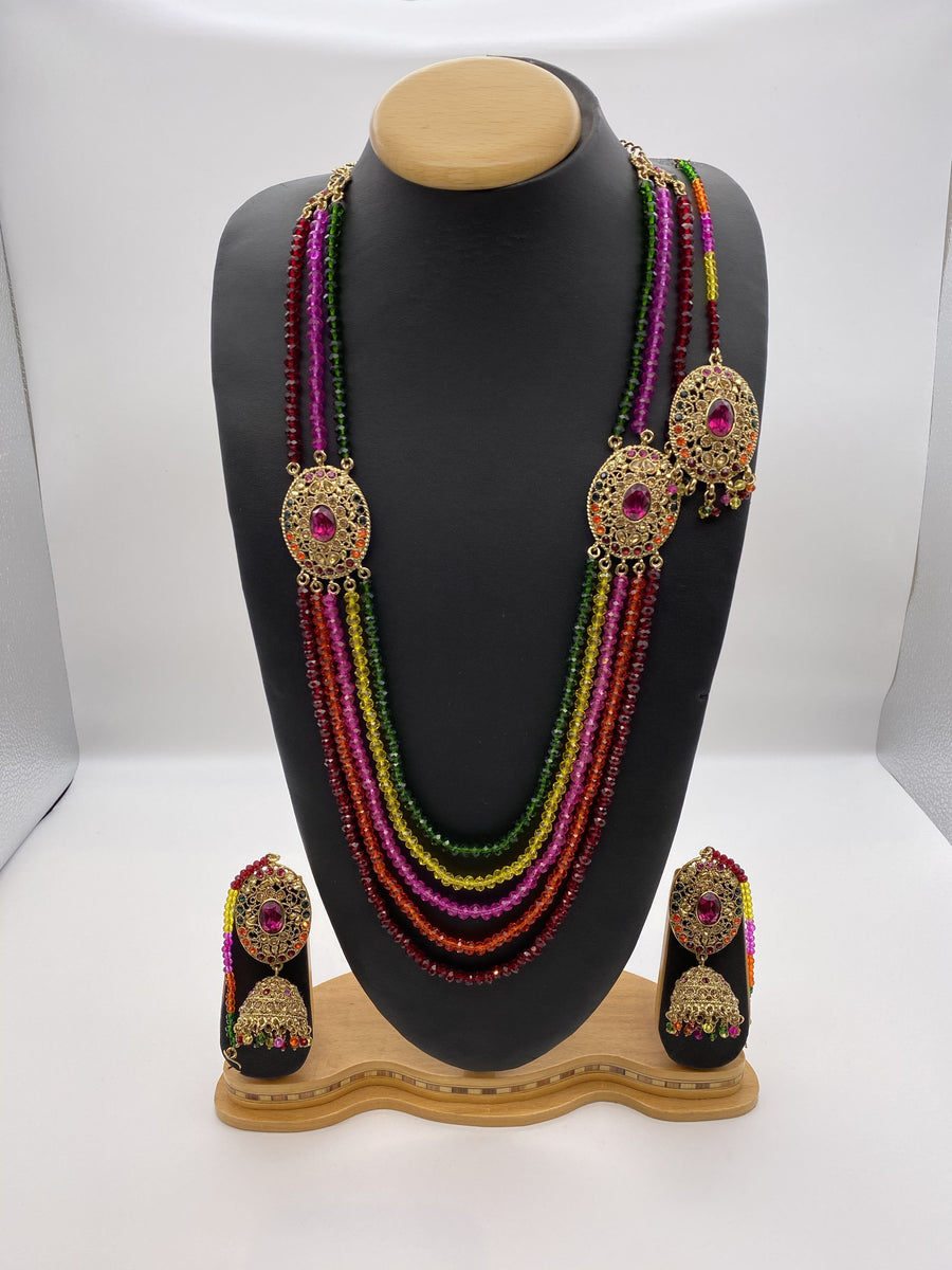 Five Strand Rani Haar with Multicoloured Rhinestones and Crystal Beads with Tikka Jhumki Earrings and Sahareh Mothi Maala Collection