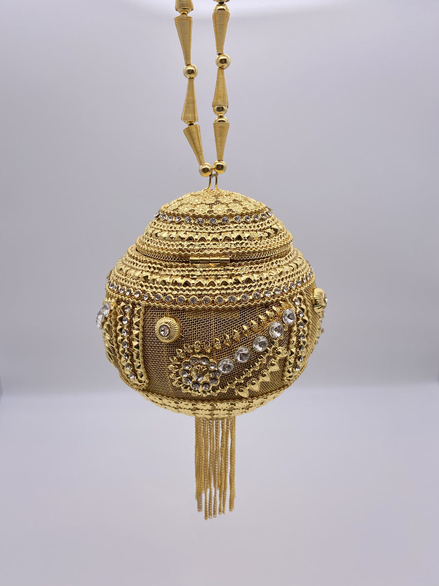 Traditional Clutch Bag Bright Gold Metal base Embellishment with Silver Rhinestones. Polki Style Beads On Handle