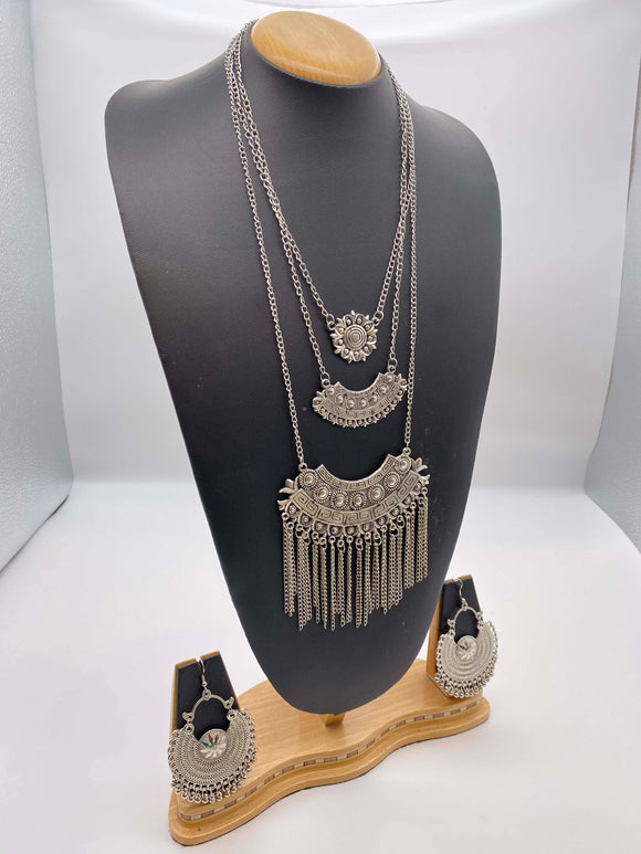 Rustic Silver Base Long Afghani Necklace with Hook Earrings