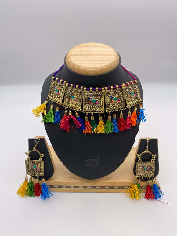 Afghani Choker Necklace with Multicoloured Stone in Gold Base with Hooks