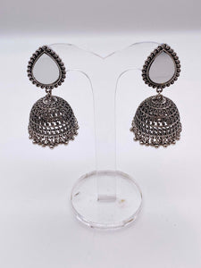 Afghani Earrings - Jhumki Earrings with Mirrors in Rustic Silver Base