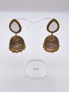 Afghani Earrings - Jhumki Earrings in Rustic Gold Base with Mirrors