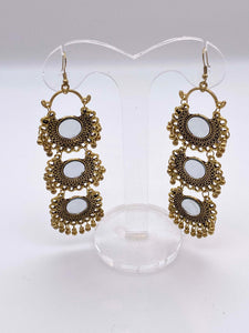 Afghani Earrings - Rustic Gold Base with Mirrors with 3 Tier Circles