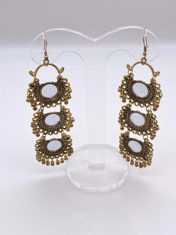 Afghani Earrings - Rustic Gold Base with Mirrors with 3 Tier Circles