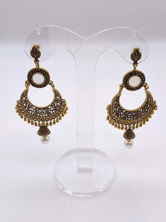 Afghani Earrings - Mirrors in Rustic Silver Base and Pearl Droppings