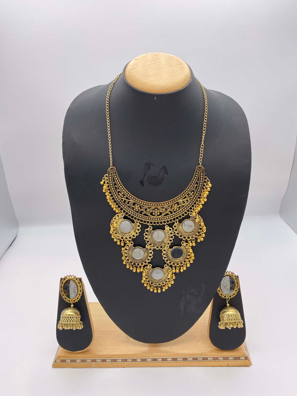 Big Statement Afghani Necklace with 6 Mirrors with Jhumki Style Earrings
