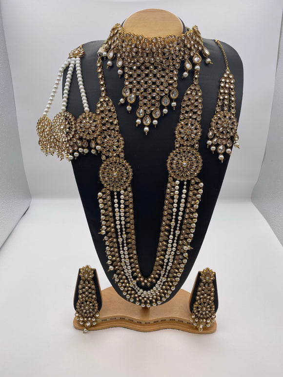 Bridal Silver Stone & White Pearls Antique Gold Base