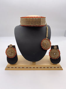 Choker Set with LCT Stones and Red Beads, Adjustable Necklace with Round Earrings and Tikka