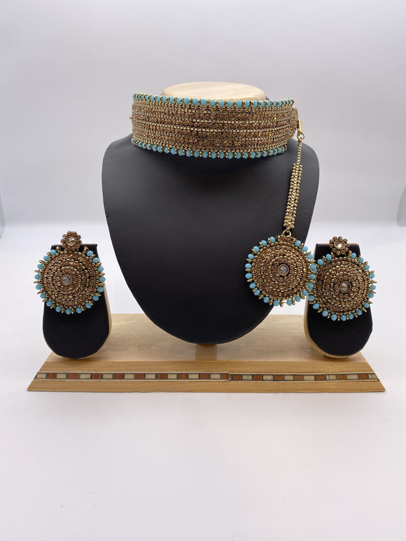 Choker Set in Baby Blue Beads with Adjustable Necklace, Comes with Tikka, and Round Earrings