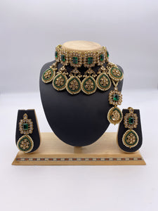 Choker Set with Droplets Emerald Green Stones and Crystal Beads, comes with Earrings and Tikka