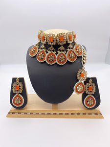 Choker Set with Droplets Orange Stones and Crystal Beads, Reverse A.D, comes with Earrings and Tikka