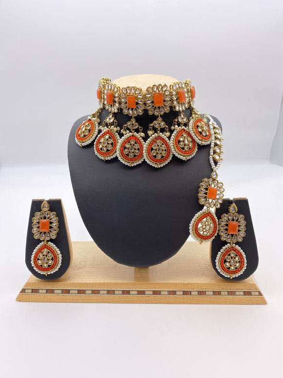 Choker Set with Droplets Orange Stones and Crystal Beads, Reverse A.D, comes with Earrings and Tikka