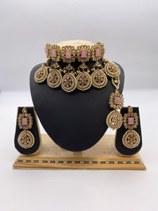 Choker Set with Droplets in Baby Pink Stones and Crystal Beads, Ivory Pearls, comes with Earrings and Tikka