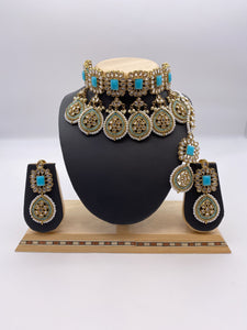 Choker Set with Droplets Sky Blue Ferozi Stones, Reverse A.D, Ivory Pearls, comes with Earrings and Tikka