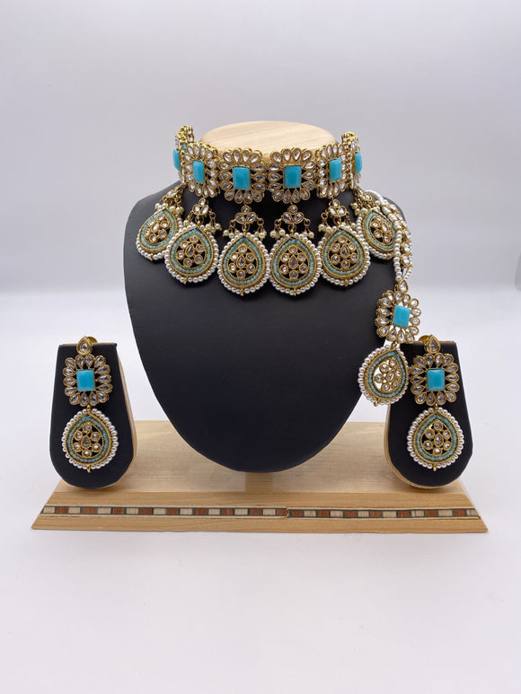 Choker Set with Droplets Sky Blue Ferozi Stones, Reverse A.D, Ivory Pearls, comes with Earrings and Tikka