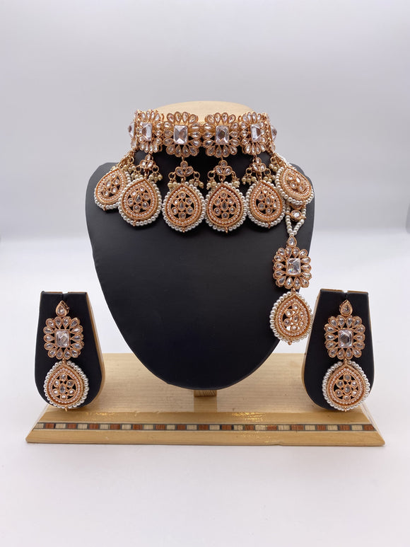 Choker Set with Droplets Rose Gold Base, Reverse A.D, Ivory Pearls, comes with Earrings and Tikka