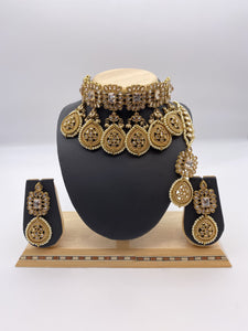 Choker Set with Droplets in Peach Stones and Ivory Pearls, comes with Earrings and Tikka