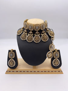 Choker Set with Droplets in Grey Stones and Crystal Beads, Ivory Pearls, comes with Earrings and Tikka