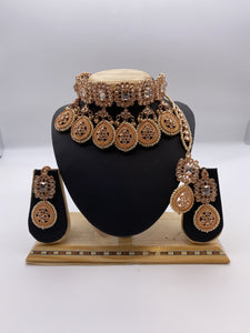 Choker Set in Rose Gold Base with Light Peach and Ivory Pearls with Earrings and Tikka