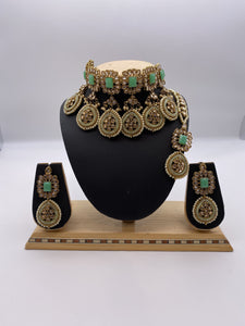 Choker Set with Droplets in Mint Green Stones and Crystal Beads, Ivory Pearls, comes with Earrings and Tikka
