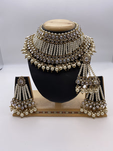 Full Coverage Choker Set with White Pearls - Big Earrings and Tikka