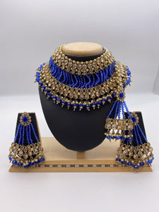Choker Set Royal Blue Crystal Beads, Ivory Pearls with Earrings and Tikka