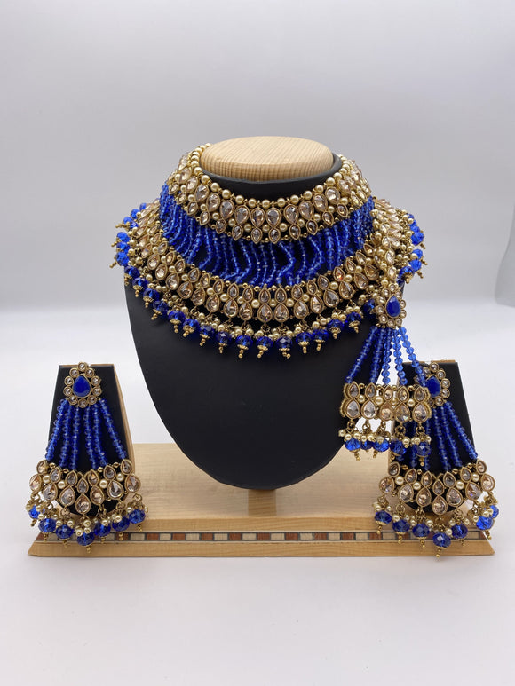 Choker Set Royal Blue Crystal Beads, Ivory Pearls with Earrings and Tikka