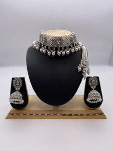 Choker Set in Silver Base and White Pearls with Jhumki Earrings and Tikka