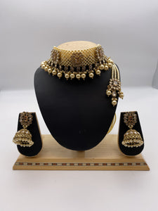 Choker Set in Yellow Pearls, Reverse A.D, Gold Base, with Jhumki Earrings, and Tikka