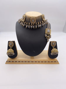 Choker Set in Gold Base, Reverse A.D, Grey Stones with Jhumki Earrings and Tikka