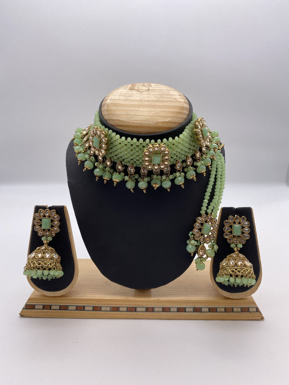 Choker Set in Gold Base with Mint Green Stones and Beads - comes with Jhumki Earrings and Tikka