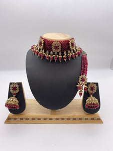 Choker Set in Gold Base with Ruby Pink Stones and Beads, with Jhumki Earrings and Tikka