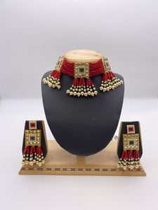 Kundan Choker Set and Semi-Precious Stones with Bright Red and Emerald Crystal Beads Ivory Pearls, Adjustable Necklace with Square Shaped Earrings