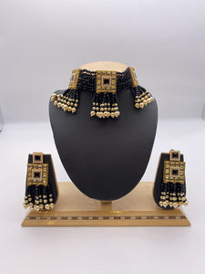 Kundan Choker Set and Semi-Precious Stones with Black Crystal Beads Ivory Pearls, Adjustable Necklace with Square Shaped Earrings