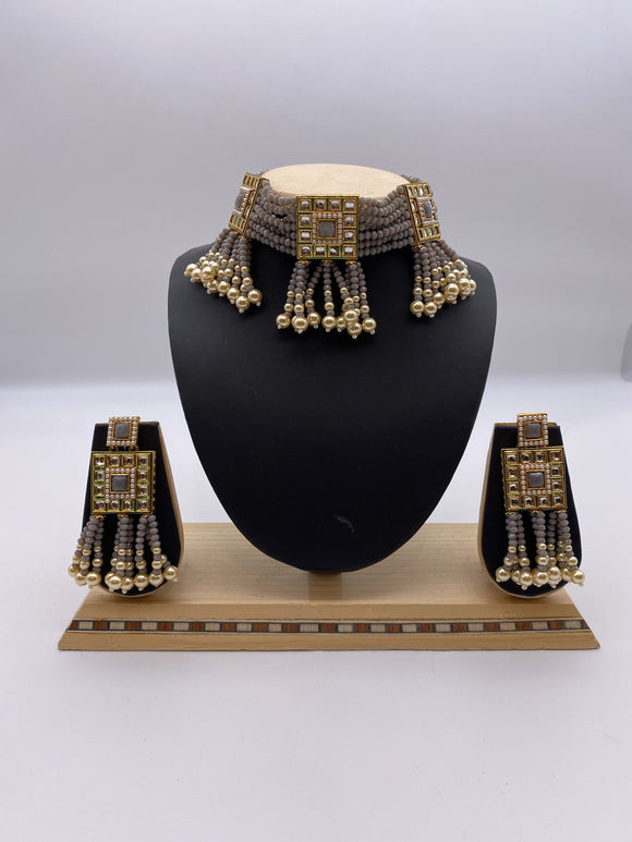 Choker Set in Kundan and Semi-Precious Stones, Grey Crystal Beads, Ivory Pearls - Adjustable Necklace with Sqare Shaped Earrings