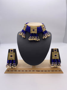 Kundan Choker Set and Semi-Precious Stones with Royal Blue Crystal Beads Ivory Pearls, Adjustable Necklace with Square Shaped Earrings