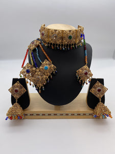 Choker Set in Multicoloured Stones and Crystal Beads with Adjustable Necklace, Comes with Big Jhumar Tikka, and Jhumki Earrings