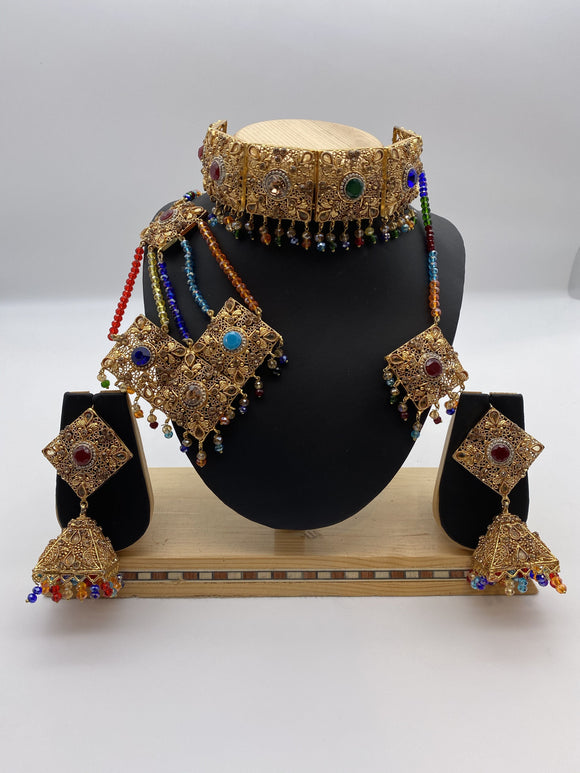 Choker Set in Multicoloured Stones and Crystal Beads with Adjustable Necklace, Comes with Big Jhumar Tikka, and Jhumki Earrings