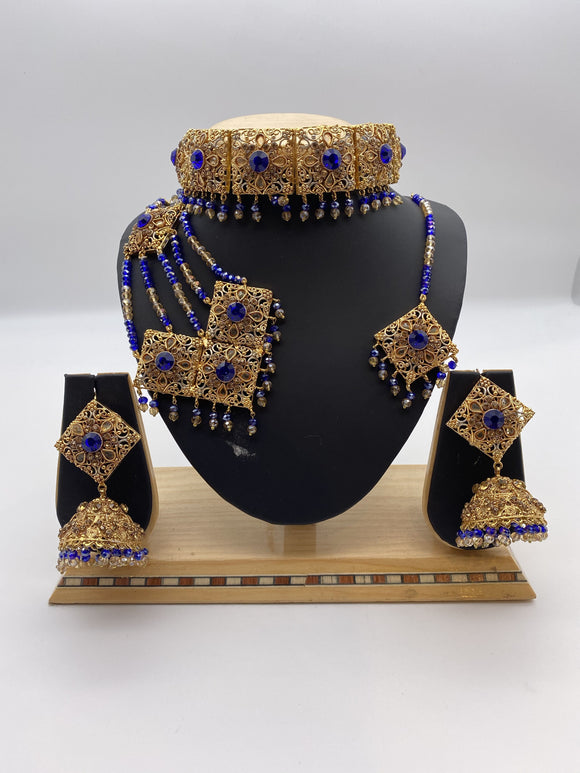 Choker Set Royal Blue Crystal Beads, with Big Jhumar Tikka and Jhumki Earrings