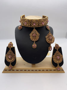 Choker Set Baby Pink Stones with Adjustable Pendant, Tikka and Earrings